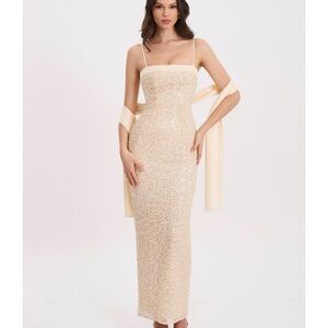 Miss circle Women's Raizel Gold Beaded Sequin Bodycon Gown with Scarf